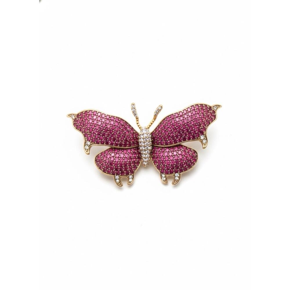 Elegant Gold Plated Butterfly Brooch Pin for Women Pink & White Crystals
